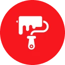 White paint roller symbol, red background