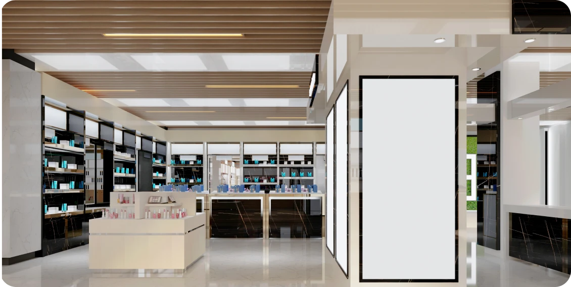 Contemporary shop layout with wooden accents